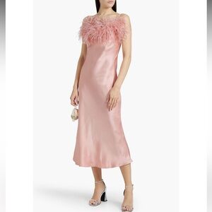 NWT SLEEPER Boheme Feather-trimmed Satin Midi Slip Dress in Blush Pink Size S